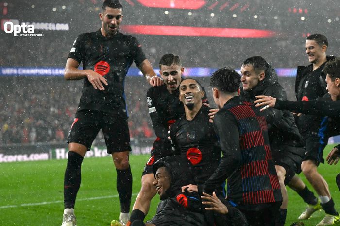 Para pemain Barcelona merayakan gol Raphinha pada laga fase liga Liga Champions melawan Benfica di Estadio do Sport Lisboa e Benfica, Selasa (21/1/2025).