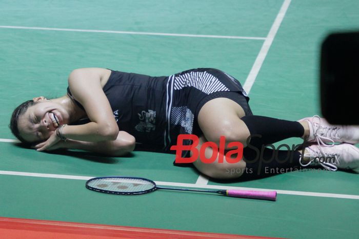 Tunggal putri Thailand, Ratchanok Intanon, merayakan kemenangannya pada pertandingan final Indonesia Masters 2025 di Istora Gelora Bung Karno, Senayan, Jakarta, 26 Januari 2025.