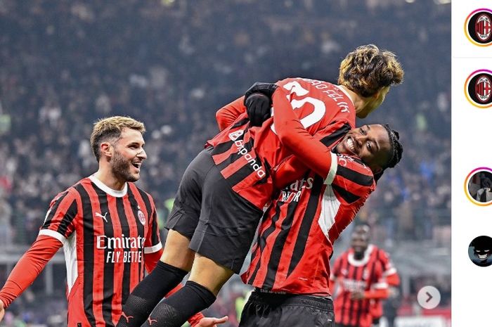 Joao Felix dan Santiago Gimenez merayakan gol bersama Rafael Leao dalam laga AC Milan kontra AS Roma pada babak perempat final Coppa Italia, Selasa (5/2/2025) di San Siro.