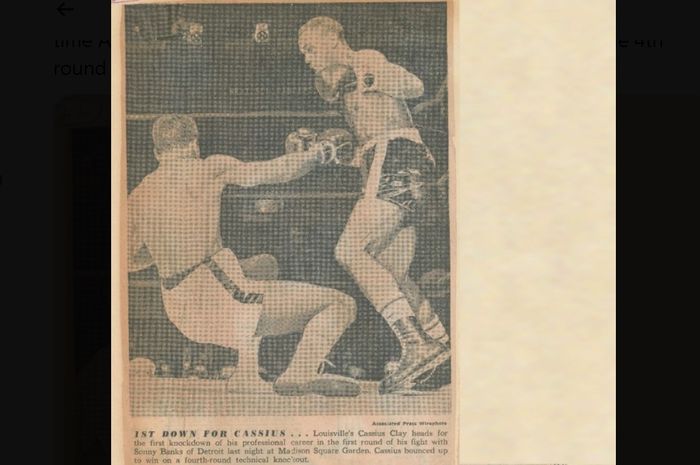 Artikel koran United Press International yang membahas Muhammad Ali mengalami knockdown pertama sepanjang kariernya pada 10 Februari 1962.