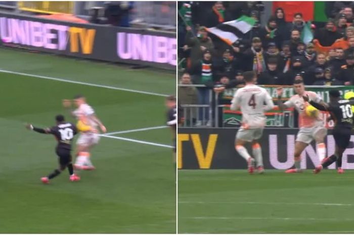 Momen handball bek AS Roma, Gianluca Mancini, yang tidak cukup melahirkan tendangan penalti untuk Venezia dalam duel Liga Italia di Pier Luigi Penzo (9/2/2025). Jay Idzes dkk kalah akibat gol penalti Paulo Dybala.