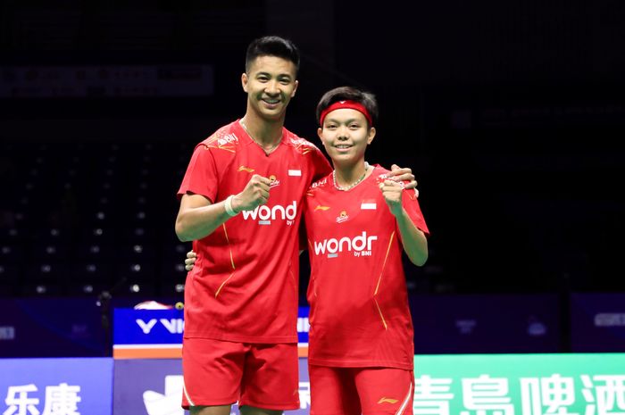 Ganda campuran Indonesia, Dejan Ferdinsyah/Siti Fadia Silva Ramadhanti setelah memenangkan partai pertama pada babak perempat final Kejuaraan Beregu Campuran Asia 2025