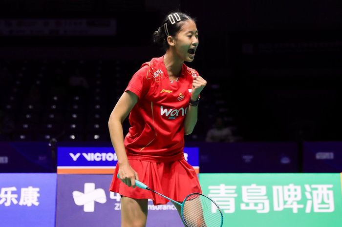 Reaksi tunggal putri Indonesia, Putri Kusuma Wardani, saat tampil pada laga melawan Taiwan pada perempat final Kejuaraan Beregu Campuran Asia 2025 di Qingdao, China, 14 Februari 2025.