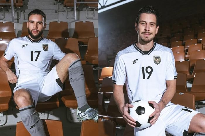 Calvin Verdonk dan Thom Haye mengenakan jersey tandang Timnas Indonesia.