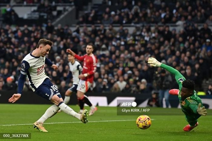 James Maddison mencetak gol kemenangan 1-0 Tottenham Hotspur atas Manchester United di Liga Inggris, Minggu (16/2/2025).