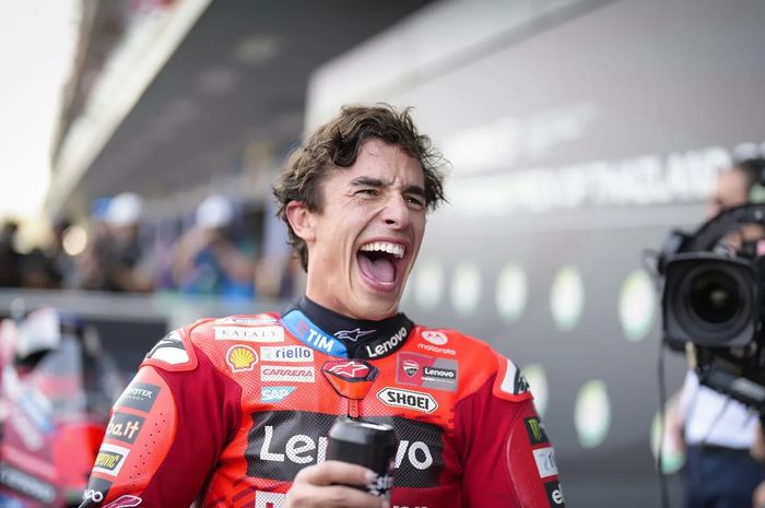 Ekspresi pembalap Ducati Lenovo, Marc Marquez, usai memenangkan Sprint MotoGP Thailand 2025, Sabtu (1/3/2025)