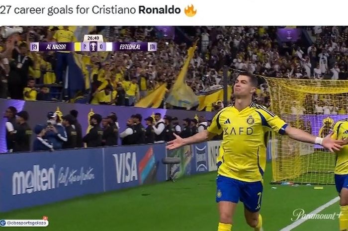 Cristiano Ronaldo melakukan selebrasi usai menjebol gawang Esteghlal pada Liga Champions Asia 2024-2025.