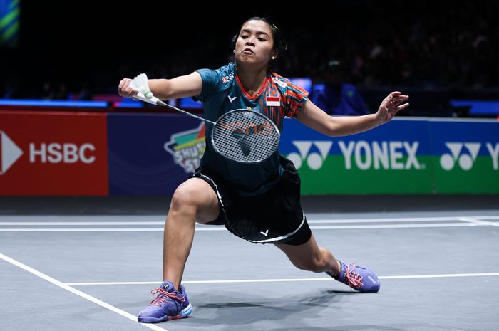 Aksi tunggal putri Indonesia, Gregoria Mariska Tunjung, saat tampil pada laga babak kedua All England Open 2025 di Birmingham, Inggris, 13 Maret 2025.  