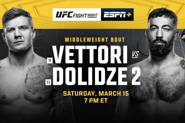 Duel ulang Marvin Vettori kontra Roman Dolidze menjadi laga utama UFC Vegas 104, Minggu (16/3/2025) WIB.