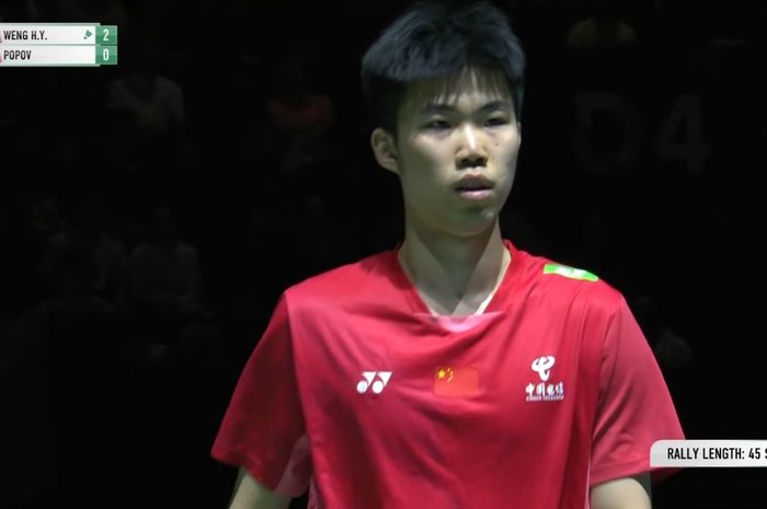 Tunggal putra China, Weng Hong Yang, saat bertanding pada final Swiss Open 2025 di St. Jakobshalle, Basel, Swiss, Minggu (23/3/2025).