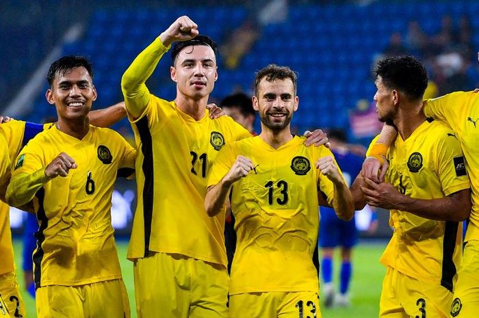 Selebrasi para pemain Timnas Malaysia saat menghadapi Timnas Laos dalam laga perdana Grup F Kualifikasi Piala Asia 2027.