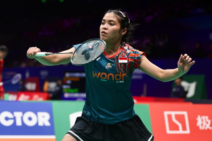 Aksi tunggal putri Indonesia, Gregoria Mariska Tunjung, saat tampil pada babak kedua Kejuaraan Asia 2025 di Ningbo, China, 10 April 2025.