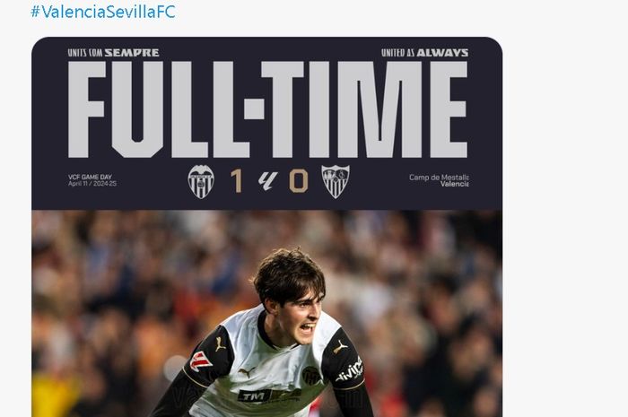 Valencia mengalahkan Sevilla 1-0 dalam lanjutan Liga Spanyol, Sabtu (12/4/2025) di Stadion Mestalla.