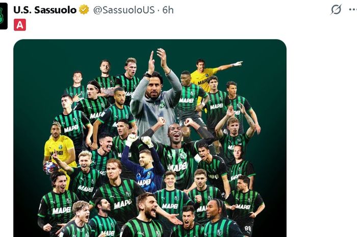 Sassuolo merayakan keberhasilan promosi ke Serie A lewat unggahan di akunnya dalam media sosial.