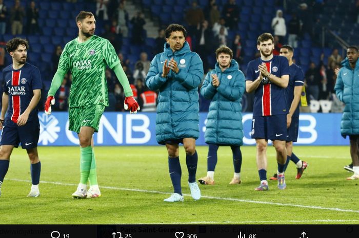Para pemain PSG setelah kalah 1-3 dari Nice pada pekan ke-31 Liga Prancis, Jumat (25/4/2025) di Parc des Princes.