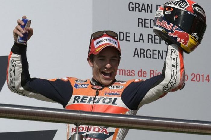 Marc Marquez merayakan kemenangan di MotoGP Argentina 2014 pada 27 April 2014.