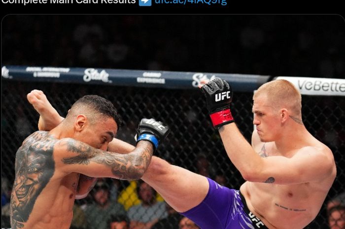 Ian Machado Garry layangkan sepakan ke arah kepala musuhnya, Carlos Prates pada UFC Kansas City (27/4/2025) yang juga diwarnai aksi solid Abus Magomedov yang pernah latihan di sasananya Khabib Nurmagomedov