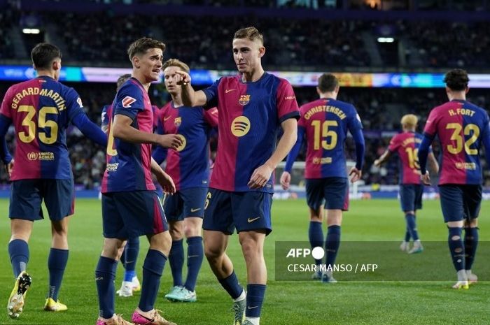 Selebrasi Fermin Lopez usai menjebol gawang Real Valladolid yang membuat Barcelona sukses melakoni remontada alias comeback pada pekan ke-34 Liga Spanyol 2024-2025.