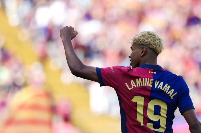 Selebrasi Lamine Yamal dalam pertandingan antara Barcelona versus Real Madrid, Minggu (11/5/2025) malam WIB.
