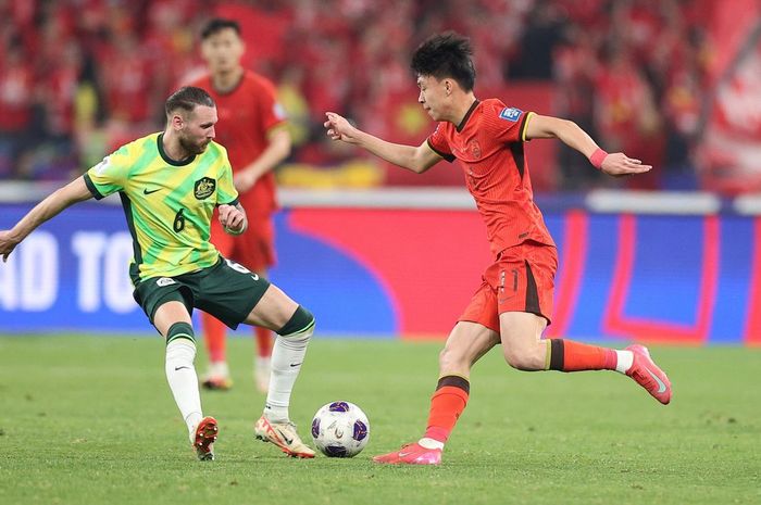 Penyerang China Wang Yudong saat debut melawan Australia di Putaran Ketiga Kualifikasi Piala Dunia 2026 Zona Asia, pada 25 Maret 2025.