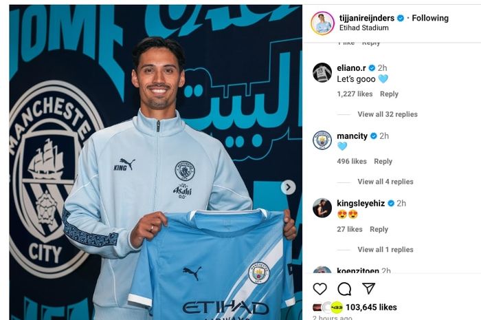 Gelandang timnas Belanda keturunan Indonesia, Tijjani Reijnders, berganti kostum dari AC Milan ke Man City dengan harga transfer total 70 juta euro.