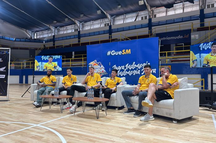 Acara konferensi pers Satria Muda Jakarta di Pertamina Arena, Senin (23/6/2025).