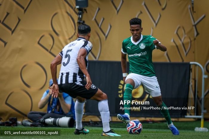 Pemain Palmeiras, Estevao Willian (kanan), mendapat kawalan dari bek Botafogo Danilo di laga 16 besar Piala Dunia Klub 2025.