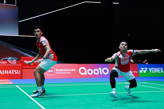 Aksi ganda putra Indonesia, Leo Rolly Carnando/Bagas Maulana pada babak pertama Japan Open 2025, Selasa (15/7/2025)