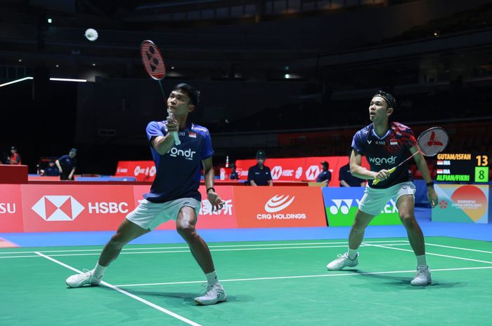 Aksi ganda putra Indonesia, Fajar Alfian/Muhammad Shohibul Fikri pada babak pertama Japan Open 2025, Selasa (15/7/2025)