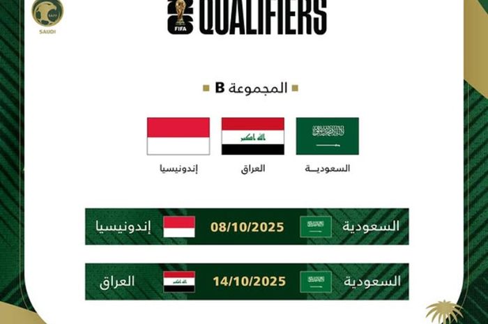Federasi Sepak Bola Arab Saudi dengan bangga merilis jadwal pertandingan Grup B Putaran Keempat Kualifikasi Piala Dunia 2026 Zona Asia, dimulai dengan menghadapi Timnas Indonesia, diakhiri kontra Irak.