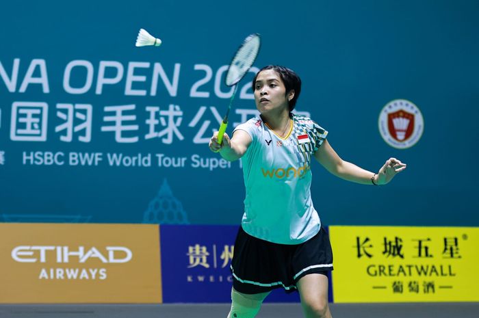 Tunggal putri Indonesia, Gregoria Mariska Tunjung, pada perempat final China Open 2025 di Olympic Sports Center Gymnasium, Changzhou, China, Jumat (25/7/2025).