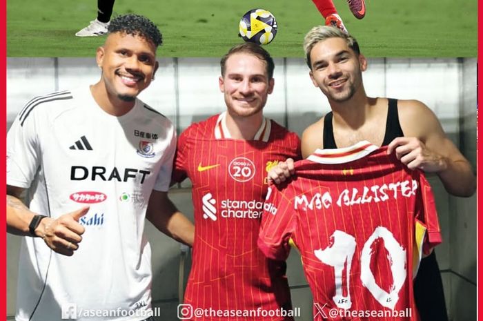 Momen bek Timnas Indonesia Sandy Walsh (kanan) bertukar jersey dengan bintang Liverpool Alexis Mac Allister (tengah).