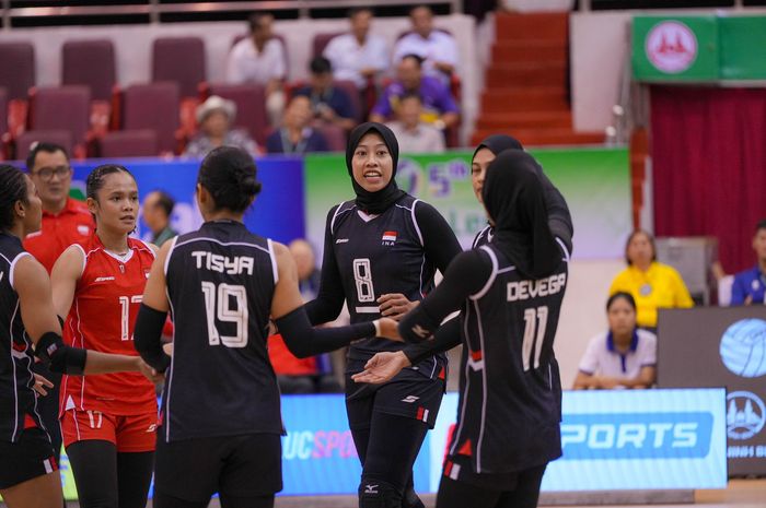 Megawati Hangestri Pertiwi bersama timnas voli putri Indonesia menghadapi Filipina pada laga terakhir leg 2 SEA V League 2025 di Ninh Binh Gymnasium, Vietnam, Minggu (10/8/2025).