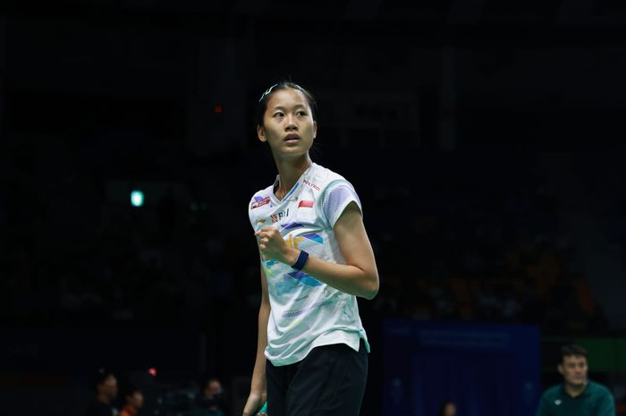 Tunggal putri Indonesia, Putri Kusuma Wardani, bereaksi saat tampil pada perempat final Korea Open 2025 di Suwon, Korea Selatan, 26 September 2025.
