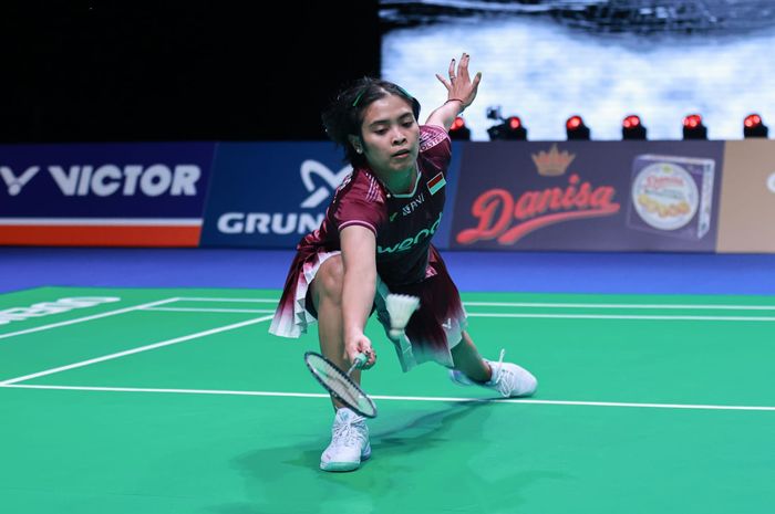 Pebulu tangkis tunggal putri Indonesia, Gregoria Mariska Tunjung,  pada babak pertama Denmark Open 2025 di Jyske Bank Arena, Odense, Denmark, Selasa (14/10/2025).