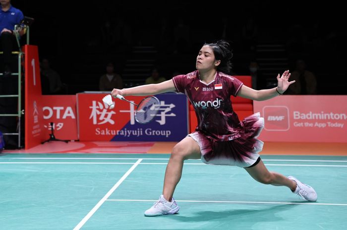 Tunggal putri Indonesia, Gregoria Mariska Tunjung, saat tampil pada perempat final Kumamoto Masters 2025 di Kumamoto, Jepang, 14 November 2025.