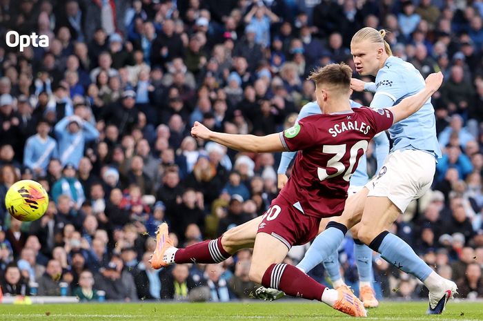 Erling Haaland mencetak gol ke gawang West Ham United pada lanjutan Liga Inggris 2025-2026.