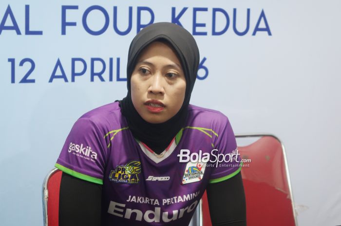 Opposite Jakarta Pertamina Enduro, Megawati Hangestri Pertiwi, pada konferensi pers usai babak final four Proliga 2026 di GOR Sritex Arena, Solo, Jawa Tengah, Minggu (12/4/2026).