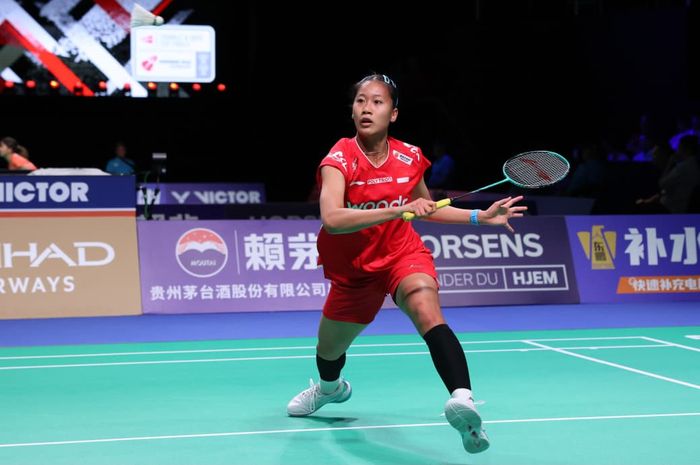 Pebulu tangkis tunggal putri Indonesia, Putri Kusuma Wardani, pada laga penentuan juara Grup C Uber Cup 2026 di Forum Horsens, Denmark, Selasa (28/4/2026).