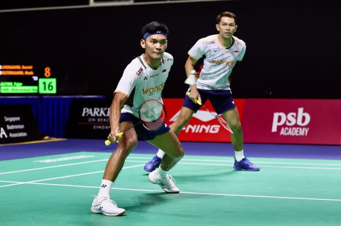 Pasangan ganda putra Indonesia, Fajr Alfian/Mohammad Sahibul Fikri, pada babak 16 besar Singapore Open 2026 di Singapura, Kamis (28/5/2026).
