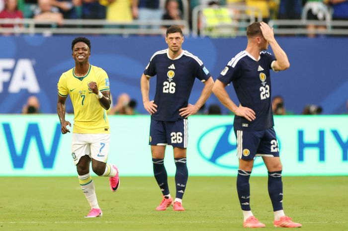 Vinicius Junior mencetak dua gol saat Brasil mengalahkan Skotlandia pada laga terakhir Grup C Piala Dunia 2026.