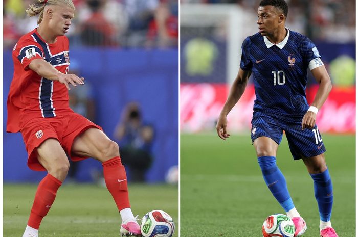 Erling Haaland (kiri) dan Kylian Mbappe akan bentrok tajam saat bertaruh memperebutkan posisi teratas Grup I Piala Dunia 2026 pada laga timnas Norwegia melawan Prancis di Foxborough (26/6/2026).