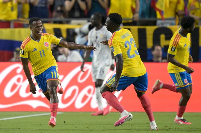 Gelandang Kolombia John Arias melakukan selebrasi usai mencetak gol ke gawang Ghana pada laga babak 32 besar Piala Dunia 2026.