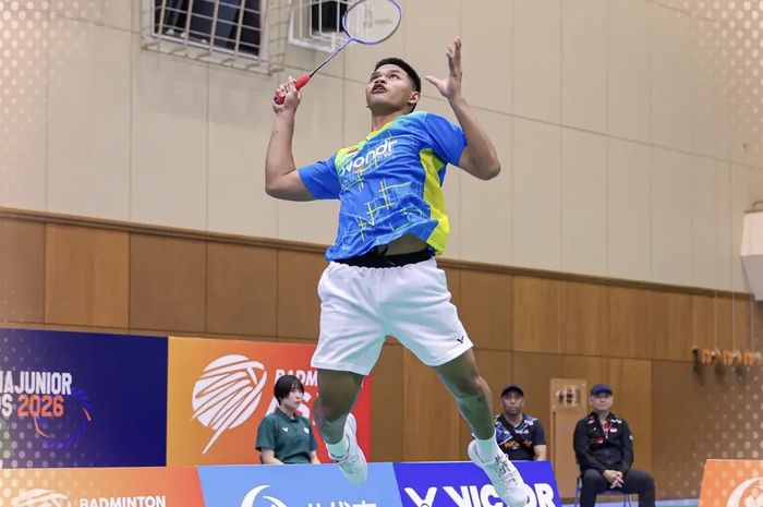 Vardan menghadapi Renanda Go pada semifinal Asian Junior Championships 2026 di Yatsushiro City Public Gymnasium, Kumamoto, Jepang, Sabtu (4/7/2026).