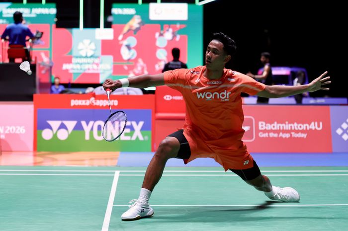 Pemain tunggal putra Indonesia Alwi Farhan pada babak 32 besar Japan Open 2026 di Tokyo, Jepang, Selasa (14/7/2026).