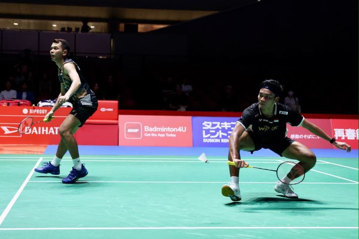 Ganda putra Indonesia, Fajar Alfian/Muhammad Shohibul Fikri, saat bertanding pada babak kedua Japan Open 2026 di Tokyo, Jepang, 16 Juli 2026.