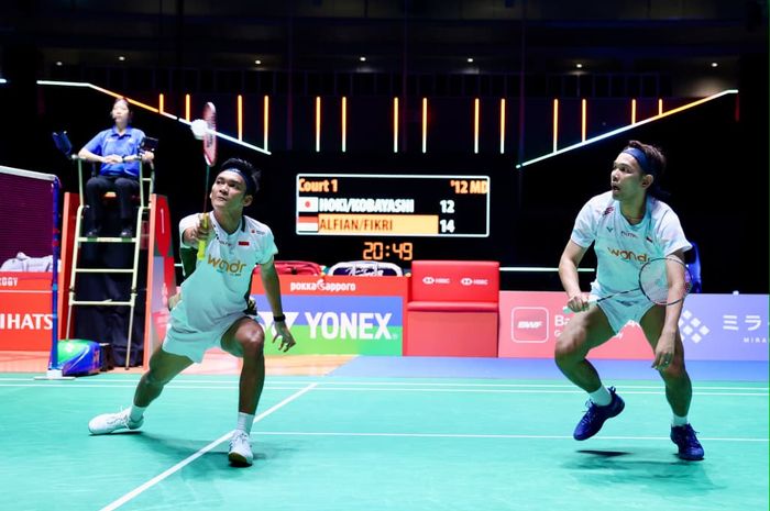 Pasangan putra Indonesia, Fajr Alfian/Muhammad Shohibul Fikri, pada babak semifinal Japan Open 2026 di Tokyo Metropolitan Gymnasium, Sabtu (18/7/2026).