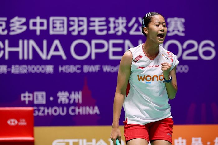 Tunggal putri Indonesia, Putri Kusuma Wardani, merayakan poin saat tampil pada babak kedua China Open 2026 di Changzhou, China, 23 Juli 2026.