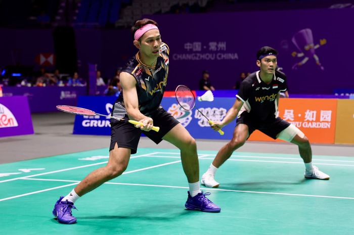 Pasangan ganda putra Indonesia, Fajr Alfian/Muhammad Shohibul Fikri, pada babak kedua China Open 2026 di Olympic Sports Center Hall, Changzhou, Kamis (23/7/2026).