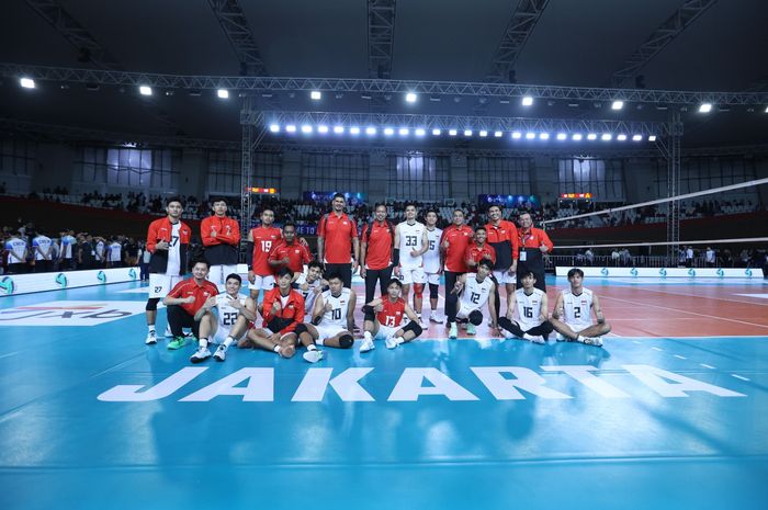 Tim voli putra Indonesia berpose pada leg kedua SEA V Cup 2026 di Jakarta International Velodrome, Rawamanjun, Jakarta, Jumat (24/7/2026).